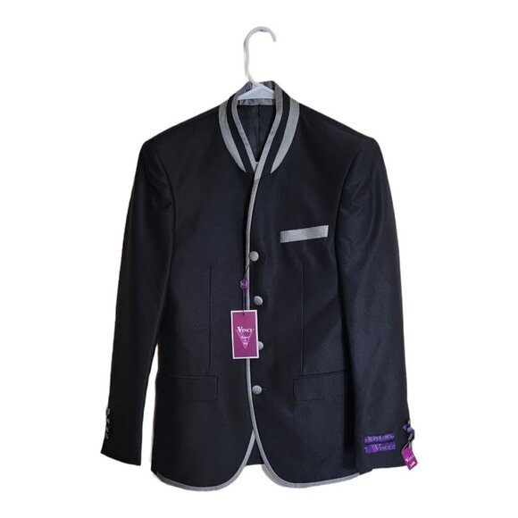 VINCI Suit Men's Size 34Rx28R Black Sharkskin Banded Collar Slim Fit Tuxedo - Picture 3 of 13